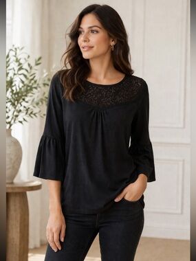 White House Black Market Black Lace Bell Sleeve Top 3/4 Sleeve — XS